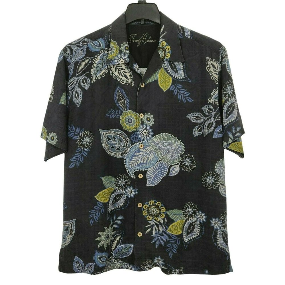 Tommy Bahama Hawaiian Shirt Men's Size Large Blue Silk Paisley  Embossed Aloha.